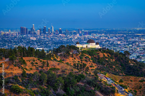 Griffith Observatory and Los Angeles skyline photographed from Griffith Park after sunset.