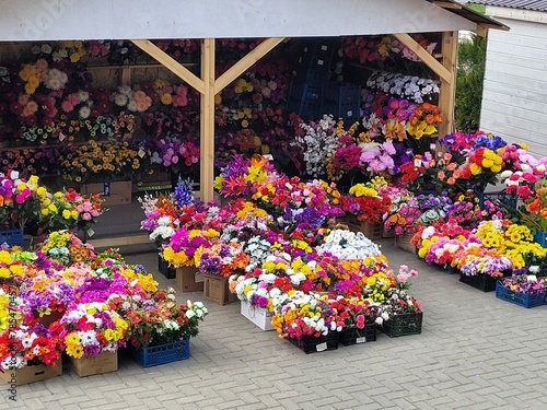 Street sale of artificial plastic flowers for Easter or Radunitsa