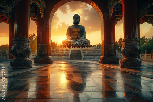 A peaceful vector illustration capturing the grand Buddha statue at sunrise within a temple gateway. AI Generated © Denis Mamin