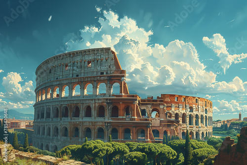 Vector style depiction of the ancient Colosseum in Rome under a clear blue sky, a blend of history and modern art, AI Generated.