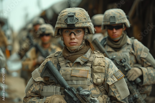 Female soldier in full gear as part of a military unit