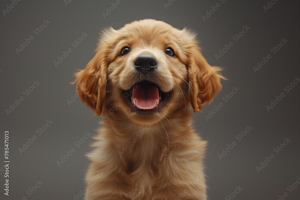 Close-up of an overjoyed golden retriever puppy with a beaming smile and bright eyes.