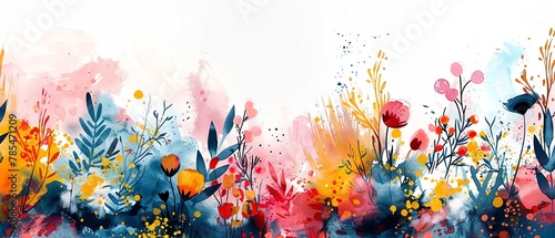 Design a stunning panoramic view pattern background using a mix of vibrant watercolor and pen and ink techniques Include stripes, polka dots, floral motifs, and abstract designs for a dynamic and capt
