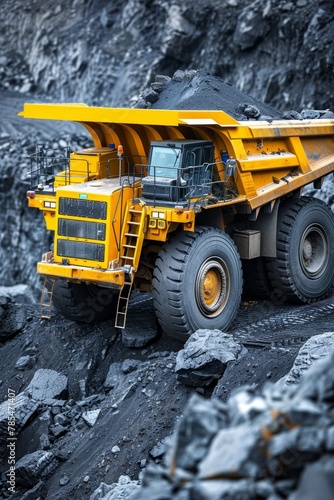 Large yellow mining truck machinery at work in open pit coal mine for extractive industry