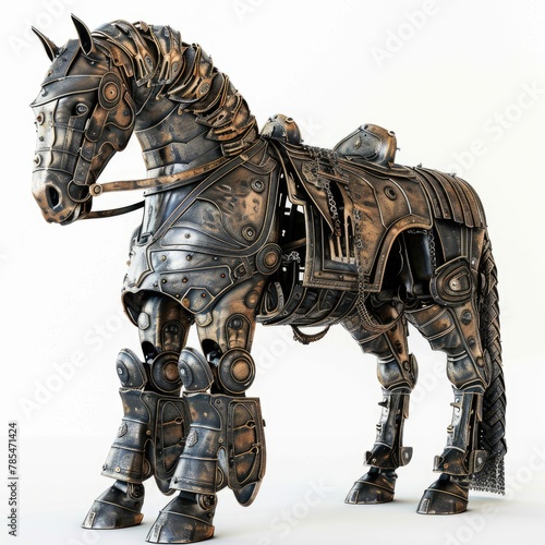 Metallic War Horse on White Background. Beautiful 3D Rendered Beast depicting Abstract Design with Majestic Charger Pose