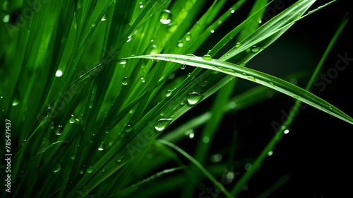 dew on the dark green grass in the forest