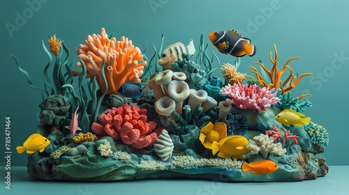 Design a clay sculpture portraying a serene underwater scene with colorful coral reefs and exotic fish from an eye-level angle Utilize a subtle, shifting color gradient background to emulate the tranq photo