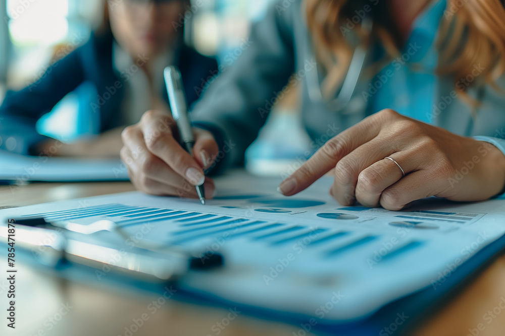 A woman is writing on a piece of paper with a pen A woman is writing on a piece of paper with a pen
