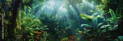 The dense greenery of a rainforest with streams of light filtering through the canopy