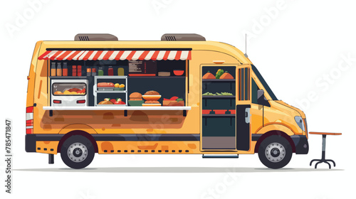 Opened street food truck with free table. Flat vector