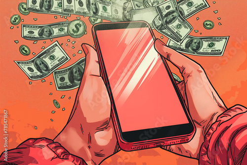 A person holding a phone with a red screen and a pile of money in the background