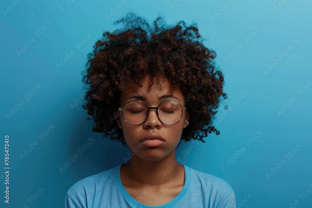 Portrait of Young Curly Haired Woman Covering Half of Face, Sighing from Tiredness and Sleep Deprivation in Studio, Standing in Horizontal Position After Nap - obrazy, fototapety, plakaty 