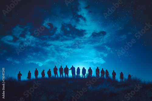 A group of people are standing on a hill at night, looking up at the sky