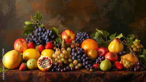 Colorful fresh fruits arrangement on rustic wooden table  healthy eating concept with assorted organic fruits including apples  oranges  bananas  berries  and grapes  vibrant natural background