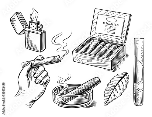 Cuban cigars and Tobacco smoking sketch illustration