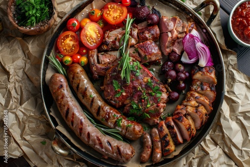 Traditional Azerbaijani Meat Platter with Sujuk, Veal, Chicken and Sausages Top View, Pickled Vegetables