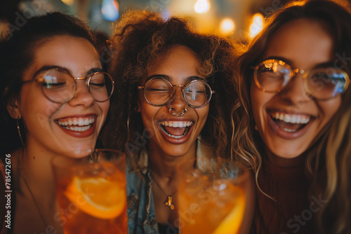 Three women are smiling and holding glasses of orange juice photo