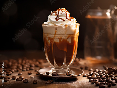 Coffee with cream and caramel on natural background.