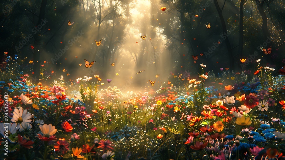 Journey through a sun-dappled forest glade, where wildflowers carpet the ground in a riot of color. 