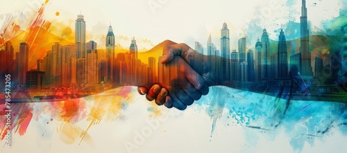 A colorful double exposure connecting a handshake with the architectural, themes of innovation and agreement