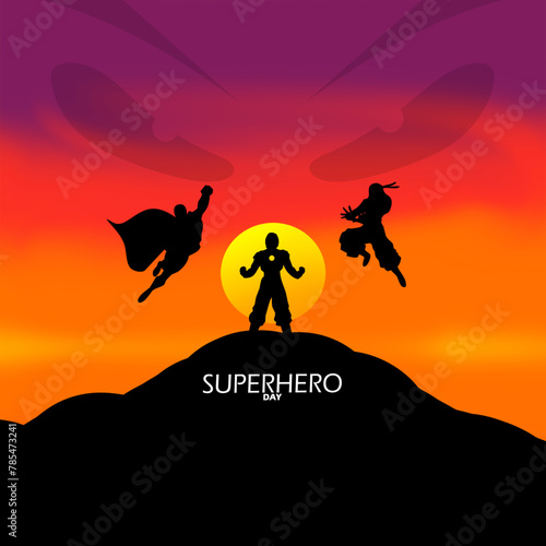 National Superhero Day event banner. Illustration of superheroes on a hill at sunset to celebrate on April 28th