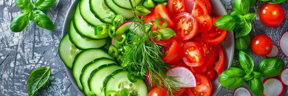 Vegetables Salad, Vegan Plate of Fresh Sliced Cucumbers, Green Onions, Radish, Cherry Tomatoes Vegetables Salad, Vegan Plate of Fresh Sliced Cucumbers, Green Onions, Radish, Cherry Tomatoes