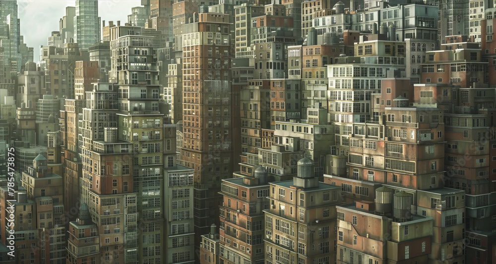 Metropolis of sentient buildings with window eyes, urban organisms