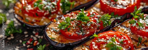 Vegetarian Eggplant Salad with Baked Aubergine, Cherry Tomatoes and Cilantro Close Up photo