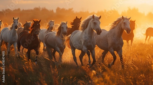 In a grassy meadow a herd of wild horses gallops freely across the open landscape