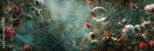 Close-up of a delicate water droplet suspended in a finely spun spider web amid budding flowers