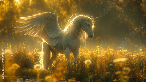 Witness a majestic unicorn with wings, reared gracefully, providing a beautiful view in nature's splendor