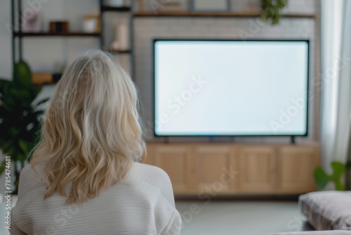 Display mockup from a shoulder angle of a mature woman in front of an smart-tv with an entirely white screen