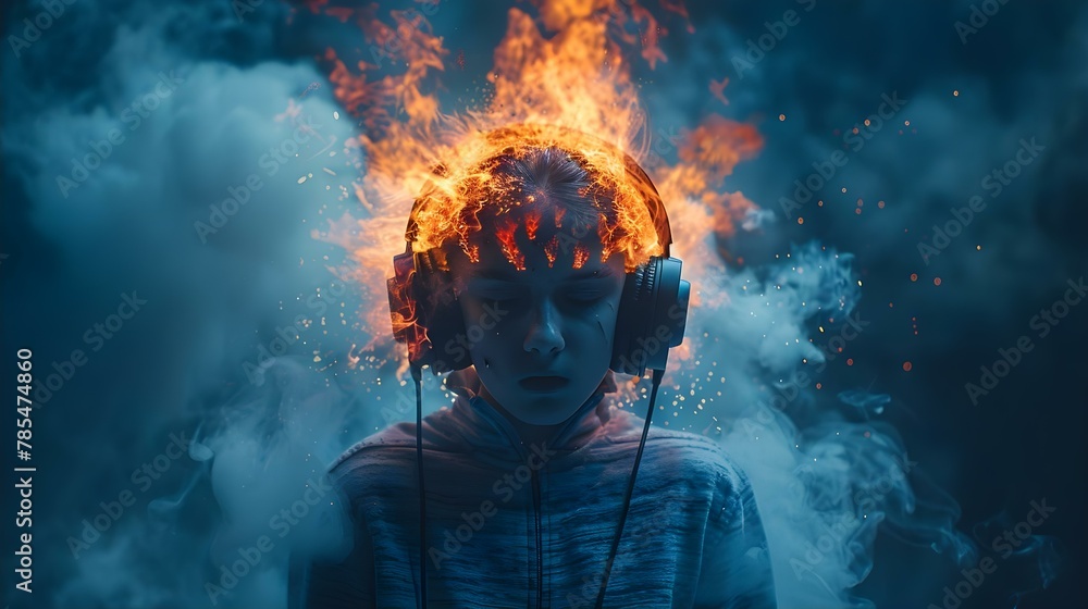 Info-Overload Burnout: Young Mind Ablaze Amidst the Digital Deluge. Concept Digital fatigue, Information overload, Mental burnout, Youth stress, Technology impact