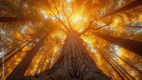 An ancient redwood forest bathed in golden sunlight  towering trees reaching towards the sky  their gnarled branches etched with stories of time.