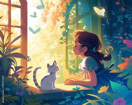 Nature, Annie, Cat, Girl, Window, Butterfly, photo