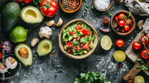 Vibrant ingredients for a sumptuous guacamole: avocados, tomatoes, onions, and cilantro in a fresh food photography concept