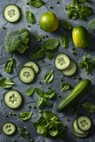Fresh green vegetables and herbs scattered on a dark textured surface, perfect for a healthy eating concept.