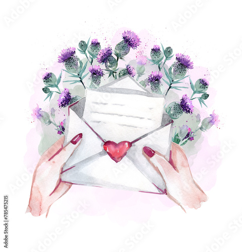 A bouquet of thistles in a beautiful envelope with a letter and a heart, an illustration on a white background. Wild pink flowers in a bouquet, watercolor drawing. Creative fashion illustration with photo