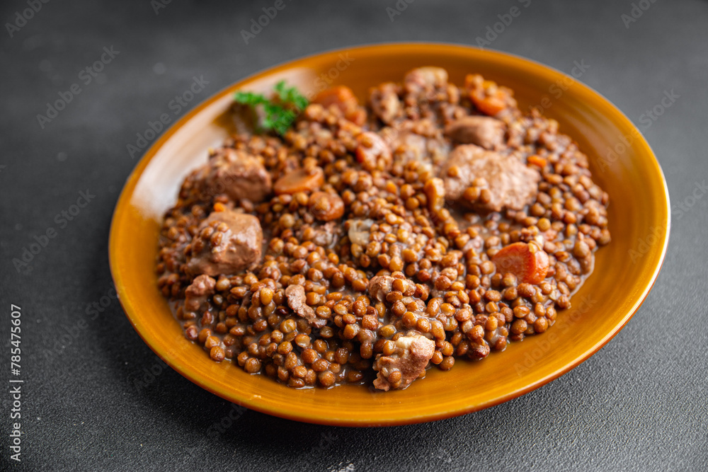 lentils with meat beef or pork fresh cooking appetizer meal food snack on the table copy space food background rustic lentils with meat beef or pork fresh cooking appetizer meal food snack on the table copy space food background rustic