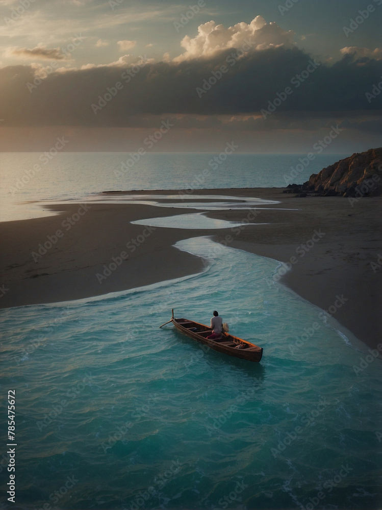 Serene Sunset: Person Sitting on Boat at Beach Serene Sunset: Person Sitting on Boat at Beach