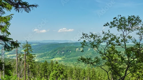 Mountains near Errant Rocks. Bledne Skaly (Wilde Locher) - set of rock blocks at an altitude of 853 m a.s.l., located in south-west Poland in Central Sudetes in Table Mountains. photo