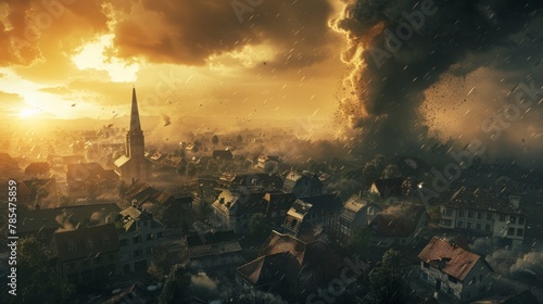 monstrous tornado wreaks havoc on city, its swirling vortex ripping through buildings and sending debris flying. photo
