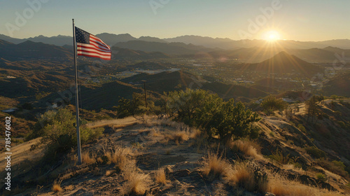 Sunset Glory on a Hilltop with Flag