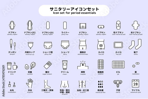 生理用品関連のアイコンセット（白塗り）