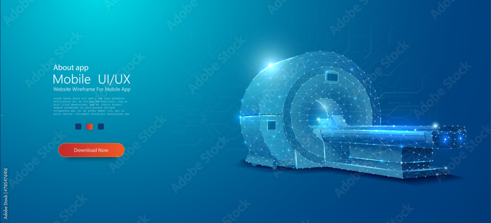 Futuristic MRI Scanner: Advanced Medical Technology Concept. A conceptual image of a modern, digital wireframe MRI machine, highlighting cutting-edge medical diagnostic technology. Vector - obrazy, fototapety, plakaty 