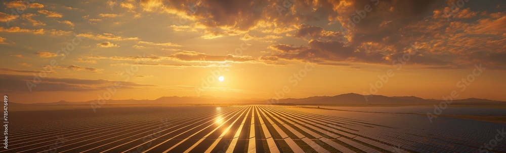 The golden sunset sky reflects dramatically on the array of solar panels spread over a vast field with distant mountains