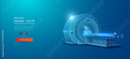 Futuristic MRI Scanner: Advanced Medical Technology Concept. A conceptual image of a modern, digital wireframe MRI machine, highlighting cutting-edge medical diagnostic technology. Vector © ZinetroN