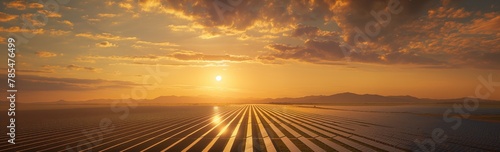 The golden sunset sky reflects dramatically on the array of solar panels spread over a vast field with distant mountains
