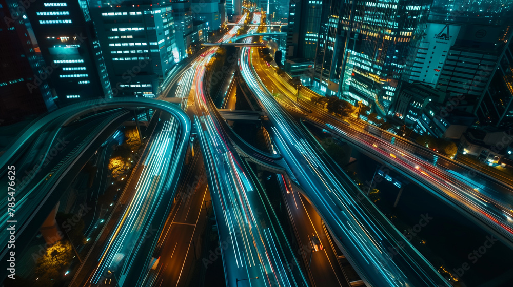 Top view of curve express way in a night city. Toll way, highway junction with lights at night. Generative AI. Top view of curve express way in a night city. Toll way, highway junction with lights at night. Generative AI.