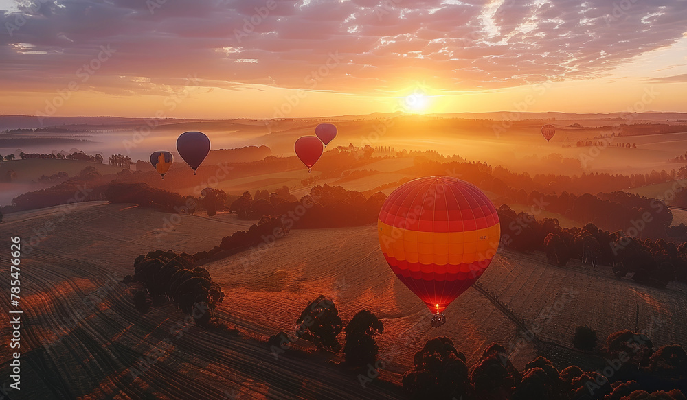 Hot air balloons soar at dawn over an idyllic misty landscape. Stock ...